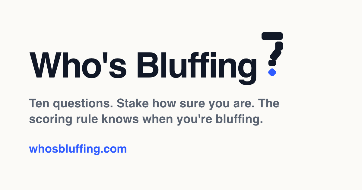 The Who's Bluffing? social image: the name with its mark, the tagline and the address