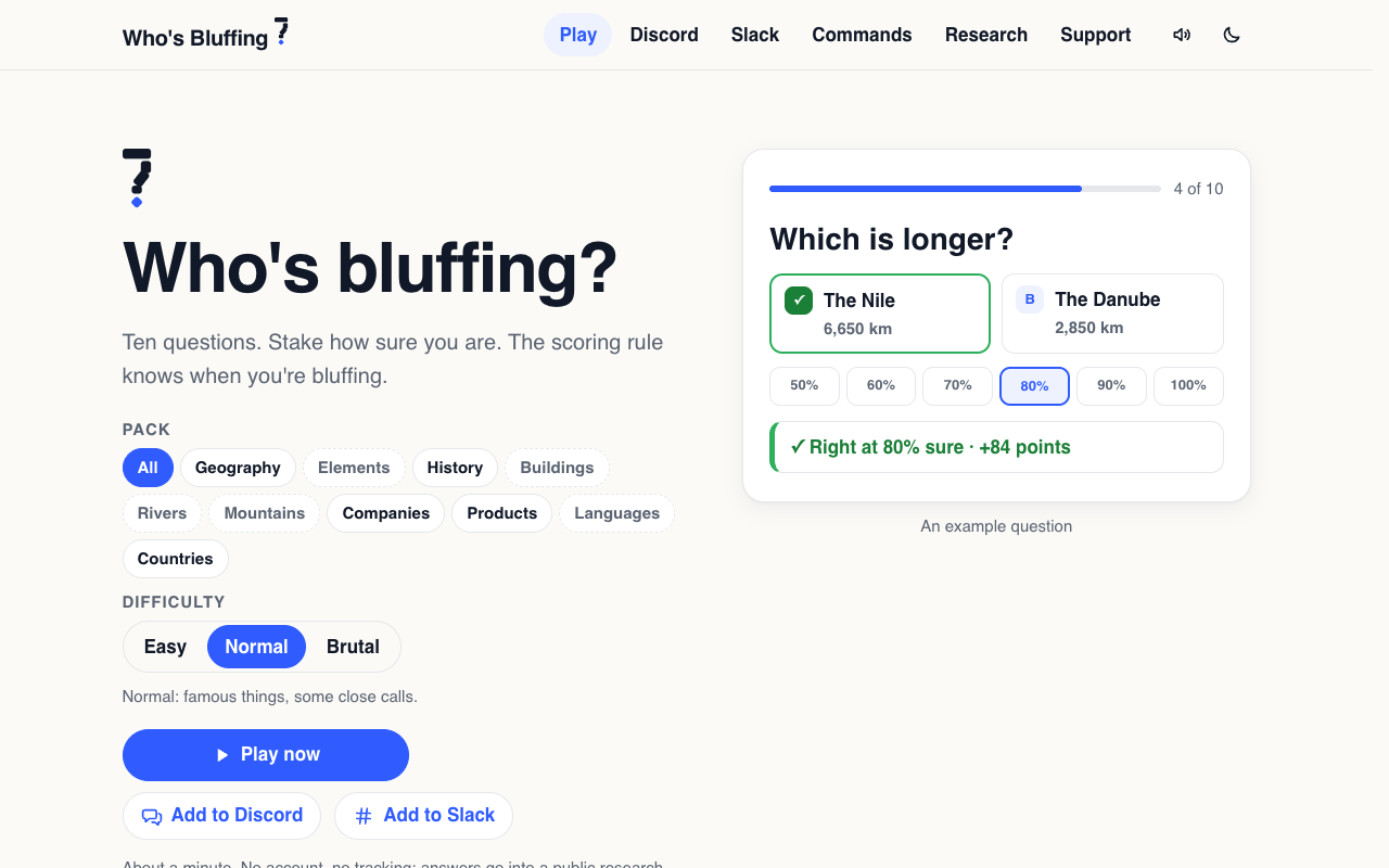 The home page: Who's bluffing?, the pack and difficulty choice and the Play now button